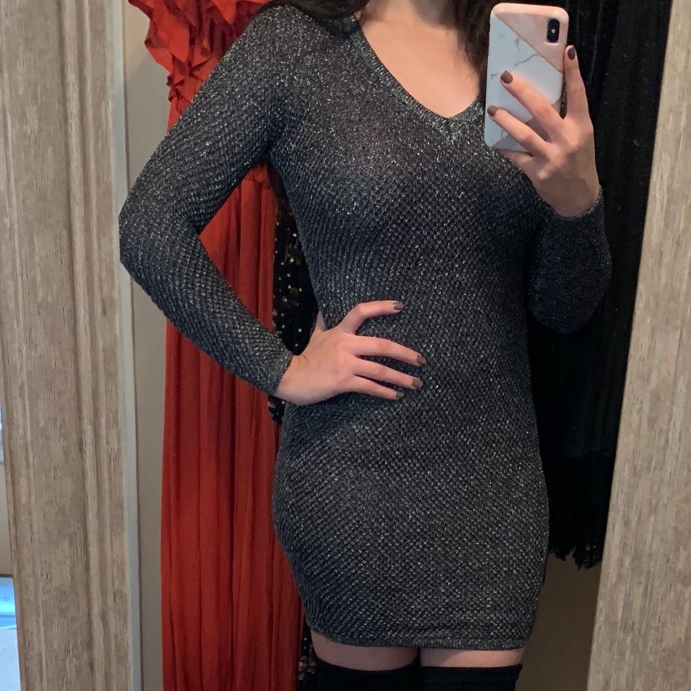 Metallic long sleeve sweater dress